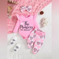 Alphabet Print Baby Romper Set - Bow Pants Two-Piece Outfit 12 rožinė