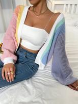 Dopamine splicing contrasting color design temperament fashion knitted cardigan women's European and American lazy style long-sleeved top sweater S gray