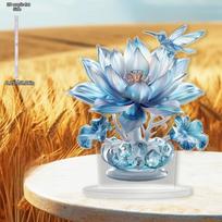 Ice Blue Crystal for Lotus and Hummingbird, Bohemian Style Acrylic Ornament with Base, Perfect for Holiday Desktop Display, Home and Office Decoration 20*18cm