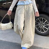 American Retro Leopard Wide Leg Trousers Female Clothing Folds Ruffle Chic Patchwork Autumn Winter Streetwear Loose Casual Pants S smėlis