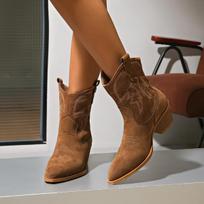 Boots SlipOn PointedToe New Red Embroidered Pointed Toe Shoes Chunky Heel Knight Retro Slip Western Cowboy Short Botas Mujer 36