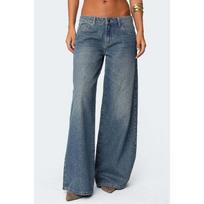 Loose Wide-Leg Fashion Printed Denim Pants for Women S tamsiai mėlyna spalva