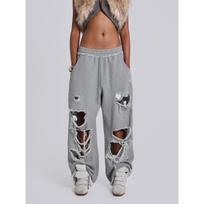 DRIPX Gray Ripped Women Pants Y2k Jogging Wide Leg American Retro Hip Hop Sweatpants Oversized Baggy Casual Streetwear Summer S pilka spalva