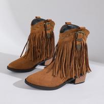 Fashion Brand Design Tassel Western Stray Boots Women 2025 Autumn Pointed Toe Mid Calf Riding Boots Bohemia Metal Decoration Booties 35 ruda