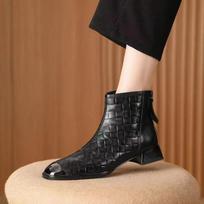 Fashion Women's Thick Heel Short Boots 2024 Spring/Autumn/Winter New Retro Mid Heel Boots Back Zipper Checkered Leather Boots 35 juoda