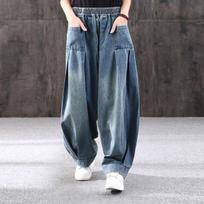 Baggy Oversize džinsai Moteriški džinsiniai laisvalaikio kryžminės kelnės Moteriškos vintažinės haremo kelnės Kelnės Bloomers Mom Plačias kelnes M mėlyna