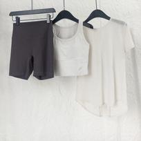 Women's Nude Feel Yoga Set: Three-Quarter Shorts, Long Vest, Quick-Drying Short Sleeve Large