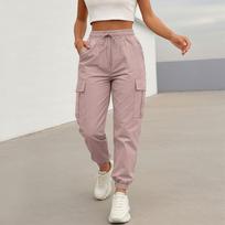 Women's Casual Cargo Pants Color Joggers With Drawstring Waist, Elastic Waistband, Multiple Pockets Trousers XXL rožinė