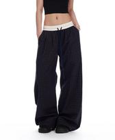 Autumn Retro Plaid Wide-Leg Pants for Women: Relaxed, Slimming Fit XL tamsiai mėlyna spalva