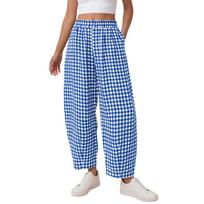 Women Loose Fit Plaid Straight Leg Jogger Pants Elastic Waistband Casual Trousers with Ankle Cuffs M mėlyna