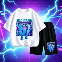Fashion Cartoon 67 Fun Printed 15 Colors Outdoor Street Men's T-shirt and Shorts 2 Piece Set Summer Casual Outfit Men's and Women's Sports Set XXS