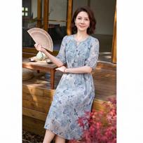 Elegant Floral Slimming Mid-Length Summer Dress XXXL mėlyna
