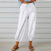 Women's High Waist Linen Pants Loose Fit Cropped Trousers Solid Drawstring Button Casual Fall Harem Pants S balta