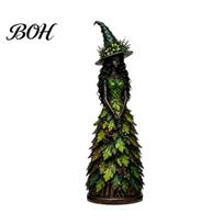 Spooky Witch Statue Autumn Figurine, Halloween Desktop Decoration, Seasonal Resin with Gothic Style Ornaments Leaf Gown for Mantel Fireplace 18cm žalia