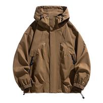 Oversize Plus Size Waterproof Black Thin Softshell Hooded Windbreaker Bomber Jacket Loose Camping Outerwear for Men S chaki