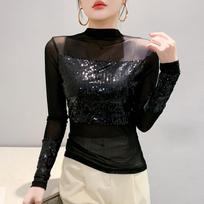 European Style 2024 Sequin Slim Fit Long Sleeve T-shirt for Women S juoda