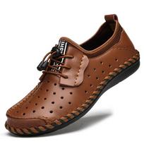 Summer Slip-on Lofter Men's Leather Hole Shoes Men's Driving Casual Leather Shoes Breathable Peas Board Shoes Fashion 38 šviesiai ruda spalva