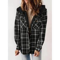 Fashionable Plaid Patchwork Fluffy Hooded Coat Women's Autumn Winter All-Match Polyester Fiber Geometric Patterned XXL juoda