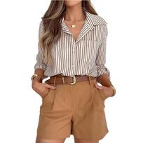 New Autumn Women's Long Sleeve Casual Button Pocket Commuting Striped Shirt S chaki