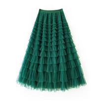 Women Cake Skirt Solid Color Mid-Waist Long Skirt with Elastic Waist Mesh Hem A-Line Maxi Skirt Daily Wear