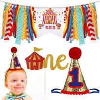 3 Pcs Party Supplies For First Birthday Circus Carnival Theme Colorful Banner Cake Flag Hat One-Year-Old Birthday Decorations