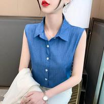Cotton Denim Sleeveless Shirt Women's Summer New Loose Fit Fashionable Slimming Top with Design S tamsiai mėlyna spalva