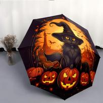 Automatic Open/Close Umbrella with Witch Cat, Pumpkins & Bats - Halloween & Christmas Gift, Portable Folding Umbrella with One