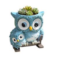 Cute Owl Planter Small Flower Pots with Rocking Chair Animal Drainage Hole Resin mėlyna