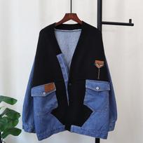Denim Splicing Knitted Cardigan 2026 Autumn and Winter New Loose Casual Fashion Versatile Lazy Sweater Jacket One Size juoda