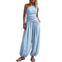 Women Tank Top Pants Two Piece Set Summer One-shoulder Sleeveless Shirt Trousers Solid Color Breathable Loose Casual Top Pants Suit Size#M mėlyna