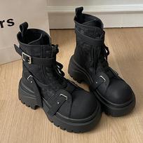 Boots for Women's Retro Round Head Belt Buckle Thick-soled Short Boots Women's Fashion Medium Tube Locomotive Boots Botas Mujer 35 juoda