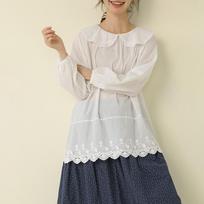Mori Girl Cotton Lace Embroidery Top - Long Sleeve Babydoll Undershirt One Size balta