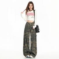Women's High Street Camouflage Wide-Leg Jeans - Autumn Loose Fit with Slimming Draped Scimitar Cut L