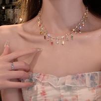 Luxury Colorful Zircon Square Shiny Choker Necklaces for Women Exquisite Crystal Short Sexy Chain Wedding Bride Jewelry Gift