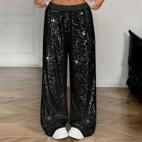 Women's Black Sequin Wide-Leg Pants Elastic Waist Sparkly Loose Party Trousers S juoda