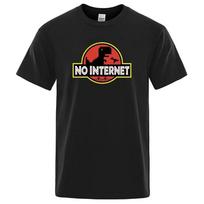 Cartoon Dinosaur Printed No Internet T Shirt Men Dino Tshirt Funny Harajuku Tops Jurassic Offline Park Men's M juoda