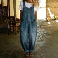Women's Fashionable Retro Loose Women's Casual Denim Jumpsuit XL mėlyna