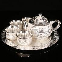 Dragon Phoenix Metal Silver Tea Set Silver Wine Set 1 Plate 1 Pot 4 Cups Chinese Leather Box Set Tea Pot