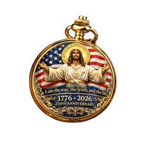 Patriotic  Pocket Watch, Gold Tone US Flag Commemorative Necklace Watch, In  We Trust Timepiece For Patriotic Gift & Daily Wear One Size