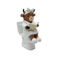 Funny Highland Cow Figurine Cute Resin Cow Sitting on Toilet Reading Book Statue