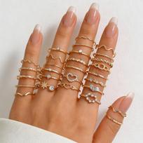 Cross-Border Diamond Heart Wave Ring Set: 28-Piece Gold Geometric Joint Rings brown