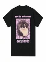 Save The Environment Eat Plastic Cute Cat Graphic T Shirt Funny Women O-Neck Clothing Tops Summer Casual Soft T-Shirts S įvairiaspalvis