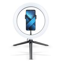 LED žiedinė RGB šviesa 10" su mobiliojo telefono laikikliu + juodas trikojis