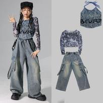 Girls K-pop Denim Crop Top Street Dance Cargo Jeans Pants Kids Hip Hop Jazz Shorts Clothes Set Children Streetwear Stage Costume 110