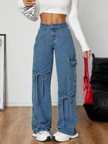 Women's Bow Tie Lace-Up Workwear Style Loose Wide-Leg Denim Pants S mėlyna