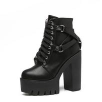 Madingi juodi batai moterims su kulnu pavasariui, rudeniui, su raišteliais, minkštos odos platforminiai batai, moteriški vakarėlių ankle boots, aukštakulniai, punk 35 black
