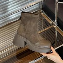 Madingi moteriški ankle boots su vilnos pamušalu Universalūs aukštakulniai trumpi batai Storas padas Elastingi liekninantys batai Ruduo 2025 Naujas atvykimas 35 chaki