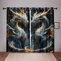 Vibrant Dragon Curtains 2 Panels 3D Print Sun Block Drapes Blue Gold Flame Mystical Bedroom Living Room Decor Fantasy Style 50W60H(CM)X2PCS&Grommet Top