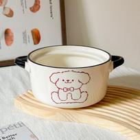 ins Korean cute puppy instant noodle bowl with lid ceramic binaural soup bowl household snail powder bowl salad fruit bowl 800ml