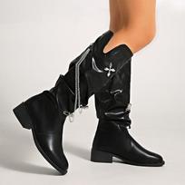 Chain Knee High Women Boots Heeled Shoes Winter Designer Brand Chelsea Long Boots 2026 Sexy Leather Shoes Chunky Mujer Botas 35 juoda